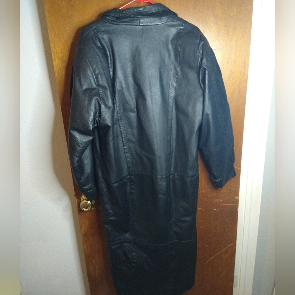 Marco Morani Black leather coat, size Small, Extra Long Trench coat style